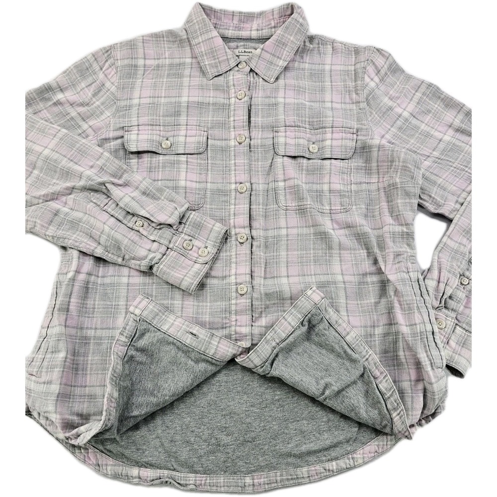 L.L. Bean Flannel Jersey Lined Plaid Button Up Women's Pink Grey Shacket 290385